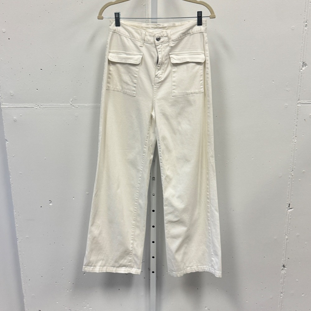 Dokotoo‎ Womens Size 8 Off White Wide Leg Utility Cargo Pants High Rise Denim